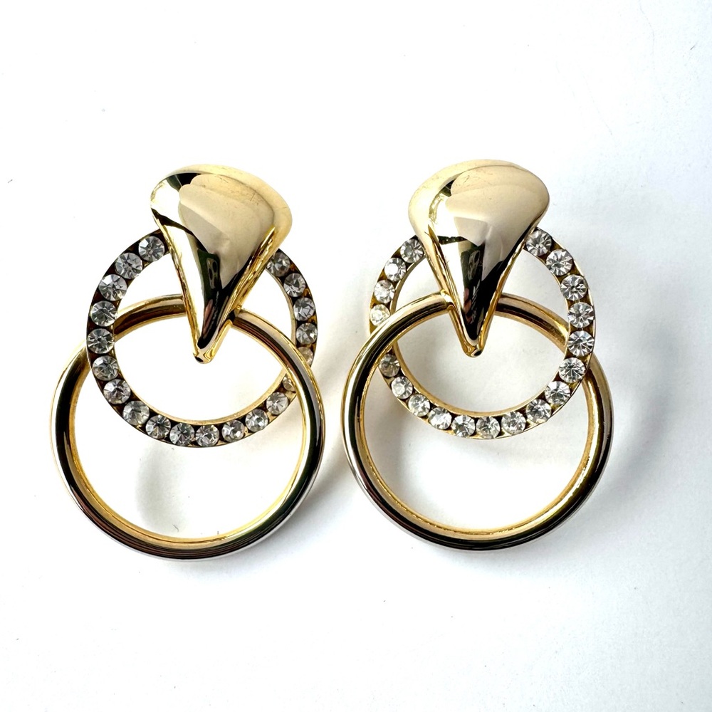 90s Gold-Tone Crystal Hoop Drop Earrings - Oversized Glamour
